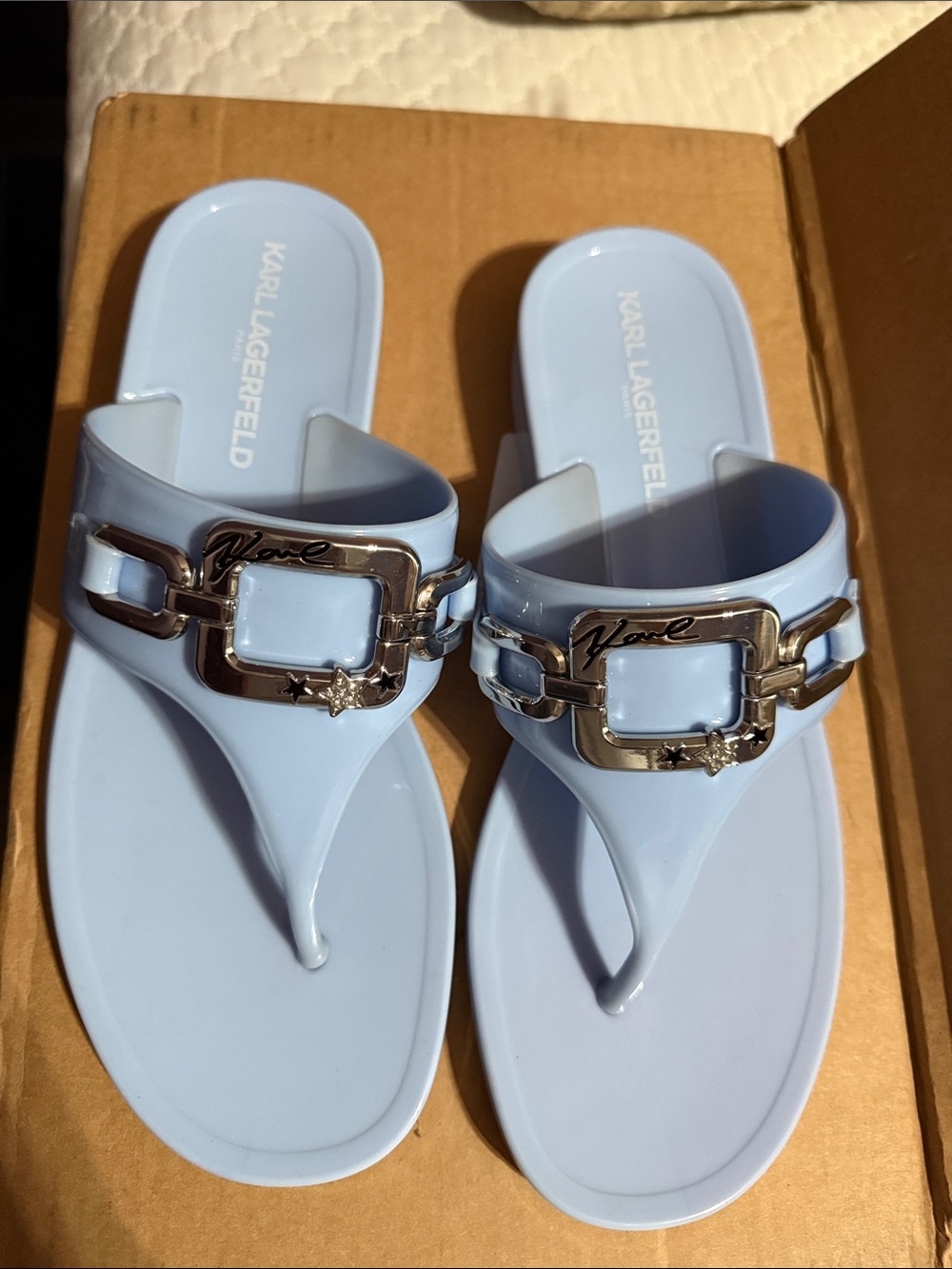 Karl Lagerfeld Pale Blue Jelly Thong Sandals with Silver Buckle